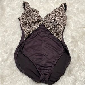 Miraclesuit Brown and Cream One Piece Swimsuit with Plunging V-Neck Sz 14